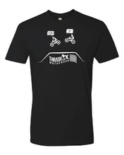 Load image into Gallery viewer, black T-shirt with to cartoon characters jumping dirt bikes one saying id say thats about six feet. the other saying yep.